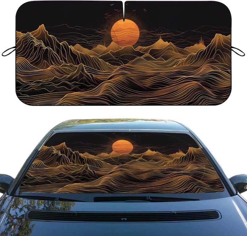 Qoueucc Mountain Golden Sun Car Windshield Sunshades Black Gold Heatshield Front Window Car Sun ​Shade Windshield Blocks UV Rays Sun Visor Protector for Car Sedan Truck SUV Accessories 59" L x 31.5" W - Image 1
